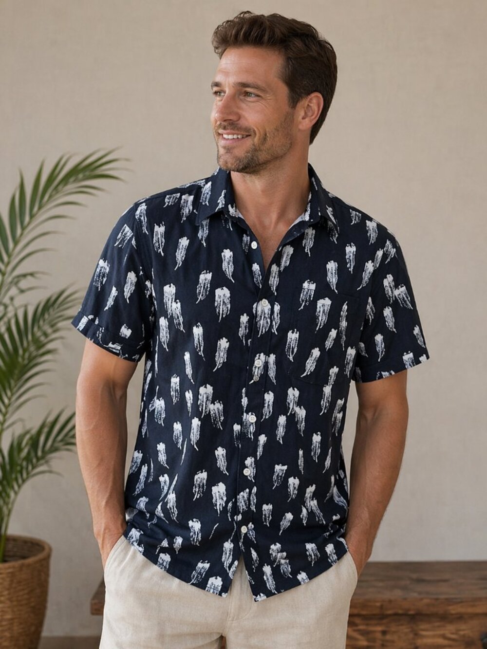 Apt 9 Mens Navy Blue Hawaiian Aloha Button Front Shirt Jellyfish Print Sz L